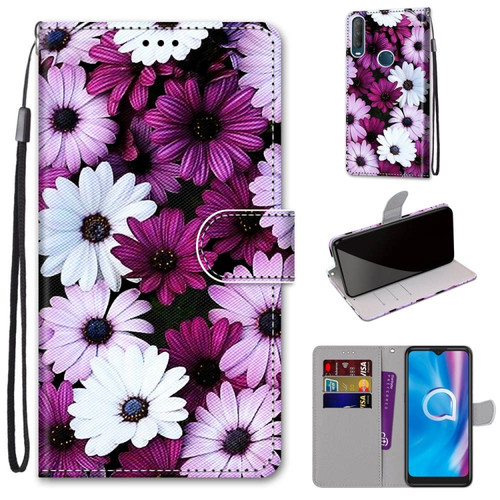 Alcatel 1S - 2020 / 3L - 2020 Coloured Drawing Cross Texture Horizontal Flip PU Leather Case with Holder & Card Slots & Wallet & Lanyard - Chrysanthemum Pink White Purple