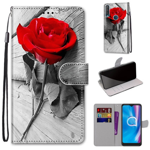 Alcatel 1S - 2020 / 3L - 2020 Coloured Drawing Cross Texture Horizontal Flip PU Leather Case with Holder & Card Slots & Wallet & Lanyard - Wood Red Rose