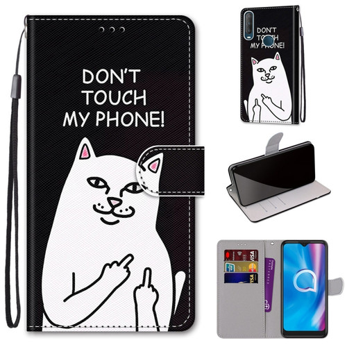 Alcatel 1S - 2020 / 3L - 2020 Coloured Drawing Cross Texture Horizontal Flip PU Leather Case with Holder & Card Slots & Wallet & Lanyard - Middle Finger White Cat