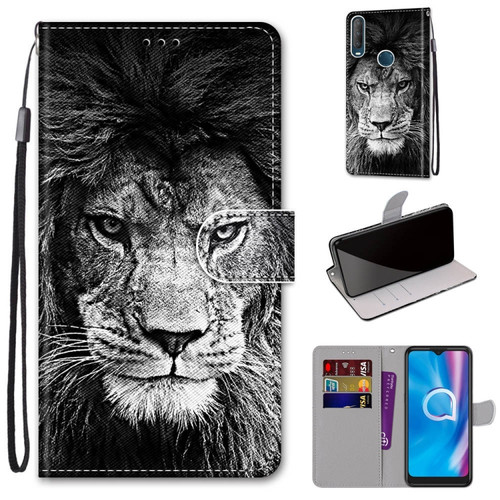 Alcatel 1S - 2020 / 3L - 2020 Coloured Drawing Cross Texture Horizontal Flip PU Leather Case with Holder & Card Slots & Wallet & Lanyard - Black White Lion Head