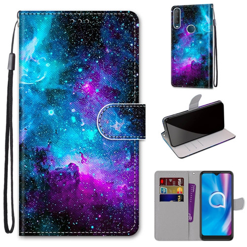 Alcatel 1S - 2020 / 3L - 2020 Coloured Drawing Cross Texture Horizontal Flip PU Leather Case with Holder & Card Slots & Wallet & Lanyard - Purple Green Starry Sky