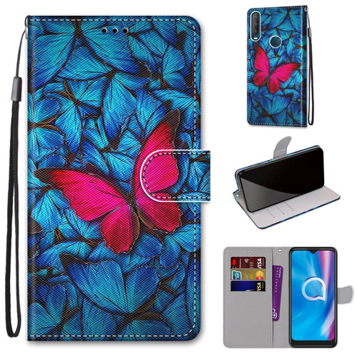 Alcatel 1S - 2020 / 3L - 2020 Coloured Drawing Cross Texture Horizontal Flip PU Leather Case with Holder & Card Slots & Wallet & Lanyard - Blue Red Butterfly