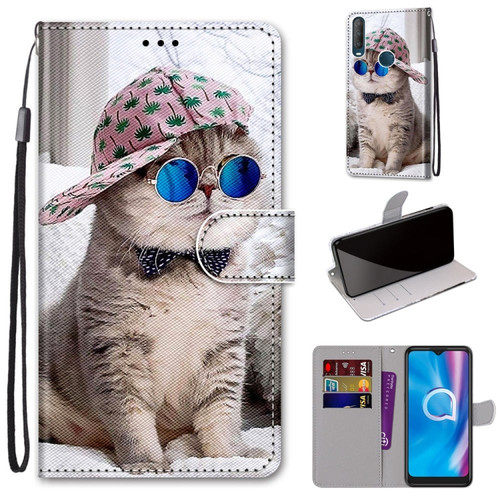 Alcatel 1S - 2020 / 3L - 2020 Coloured Drawing Cross Texture Horizontal Flip PU Leather Case with Holder & Card Slots & Wallet & Lanyard - Slant Hat Blue Mirror Cat