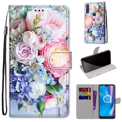 Alcatel 1S - 2020 / 3L - 2020 Coloured Drawing Cross Texture Horizontal Flip PU Leather Case with Holder & Card Slots & Wallet & Lanyard - Light Pink Bouquet