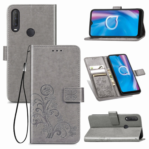 Alcatel 1S - 2020 Four-leaf Clasp Embossed Buckle Mobile Phone Protection Leather Case with Lanyard & Card Slot & Wallet & Holder Function - Gray