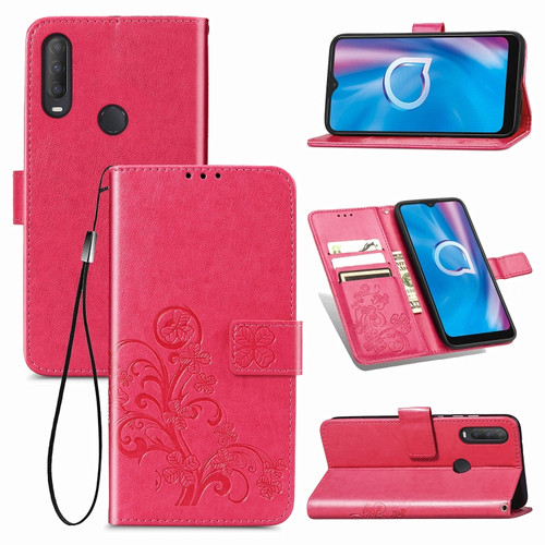 Alcatel 1S - 2020 Four-leaf Clasp Embossed Buckle Mobile Phone Protection Leather Case with Lanyard & Card Slot & Wallet & Holder Function - Magenta