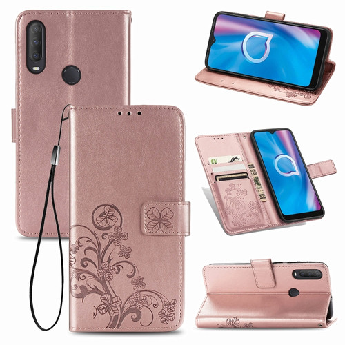 Alcatel 1S - 2020 Four-leaf Clasp Embossed Buckle Mobile Phone Protection Leather Case with Lanyard & Card Slot & Wallet & Holder Function - Rose Gold