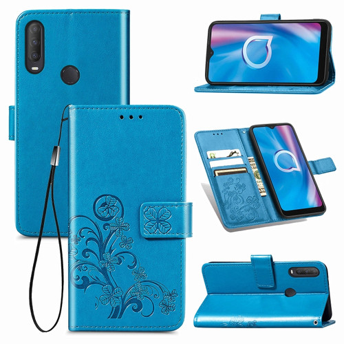 Alcatel 1S - 2020 Four-leaf Clasp Embossed Buckle Mobile Phone Protection Leather Case with Lanyard & Card Slot & Wallet & Holder Function - Blue