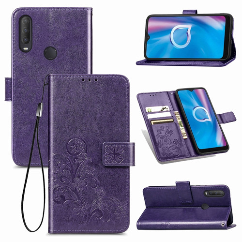 Alcatel 1S - 2020 Four-leaf Clasp Embossed Buckle Mobile Phone Protection Leather Case with Lanyard & Card Slot & Wallet & Holder Function - Purple