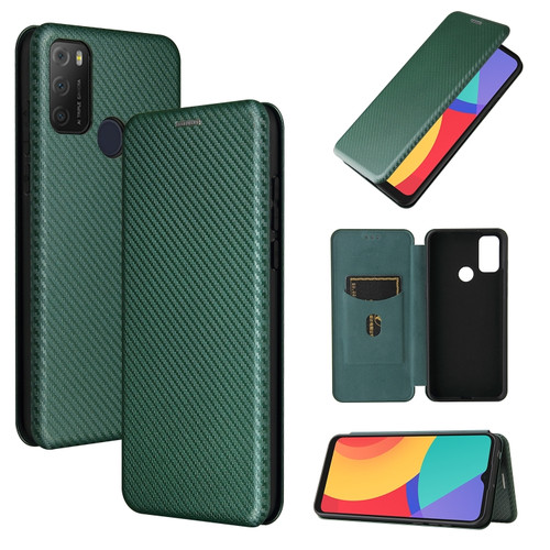 alcatel 1S - 2021 Carbon Fiber Texture Horizontal Flip TPU + PC + PU Leather Case with Card Slot - Green