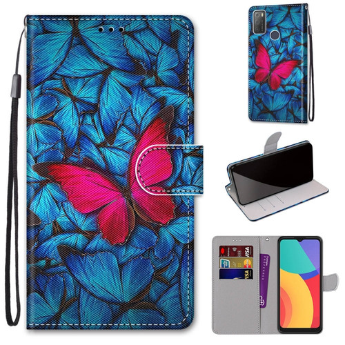 Alcatel 3L 2021 Coloured Drawing Cross Texture Horizontal Flip PU Leather Case with Holder & Card Slots & Wallet & Lanyard - Blue Red Butterfly