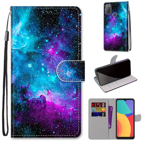Alcatel 3L 2021 Coloured Drawing Cross Texture Horizontal Flip PU Leather Case with Holder & Card Slots & Wallet & Lanyard - Purple Green Starry Sky