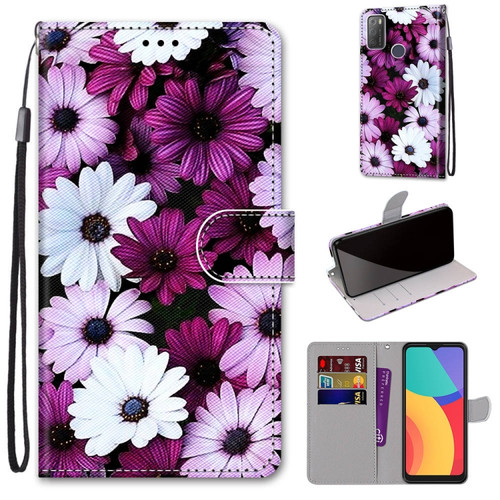 Alcatel 3L 2021 Coloured Drawing Cross Texture Horizontal Flip PU Leather Case with Holder & Card Slots & Wallet & Lanyard - Chrysanthemum Pink White Purple