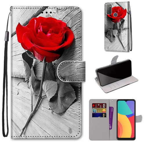 Alcatel 3L 2021 Coloured Drawing Cross Texture Horizontal Flip PU Leather Case with Holder & Card Slots & Wallet & Lanyard - Wood Red Rose