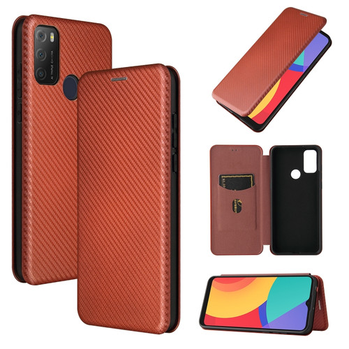 alcatel 1S - 2021 Carbon Fiber Texture Horizontal Flip TPU + PC + PU Leather Case with Card Slot - Brown