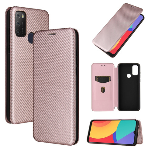 alcatel 1S - 2021 Carbon Fiber Texture Horizontal Flip TPU + PC + PU Leather Case with Card Slot - Pink