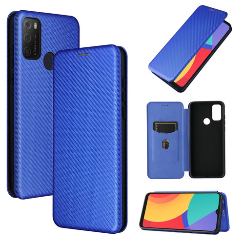 alcatel 1S - 2021 Carbon Fiber Texture Horizontal Flip TPU + PC + PU Leather Case with Card Slot - Blue