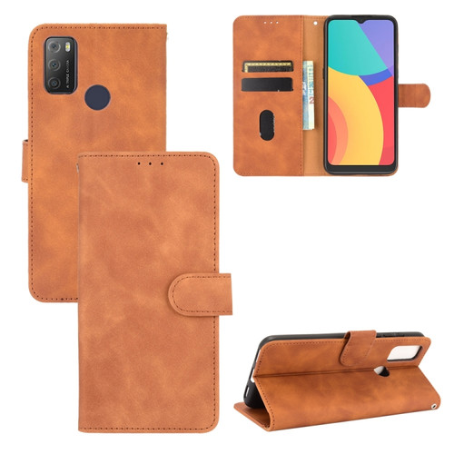 alcatel 1S - 2021 Solid Color Skin Feel Magnetic Buckle Horizontal Flip Calf Texture PU Leather Case with Holder & Card Slots & Wallet - Brown
