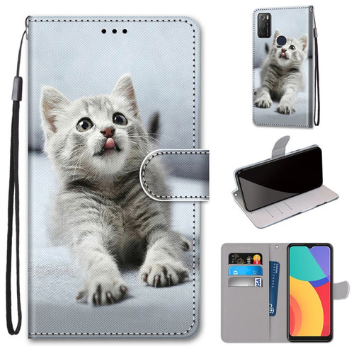 Alcatel 1S 2021 / 3L 2021 Coloured Drawing Cross Texture Horizontal Flip PU Leather Case with Holder & Card Slots & Wallet & Lanyard - Small Gray Cat