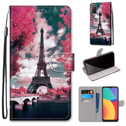 Alcatel 1S 2021 / 3L 2021 Coloured Drawing Cross Texture Horizontal Flip PU Leather Case with Holder & Card Slots & Wallet & Lanyard - Pink Flower Tower Bridge