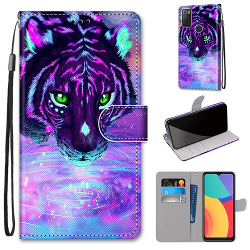 Alcatel 1S 2021 / 3L 2021 Coloured Drawing Cross Texture Horizontal Flip PU Leather Case with Holder & Card Slots & Wallet & Lanyard - Tiger Drinking Water