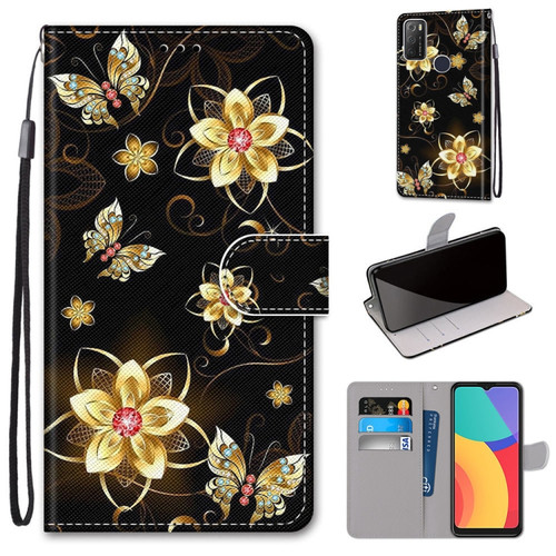 Alcatel 1S 2021 / 3L 2021 Coloured Drawing Cross Texture Horizontal Flip PU Leather Case with Holder & Card Slots & Wallet & Lanyard - Gold Diamond Butterfly