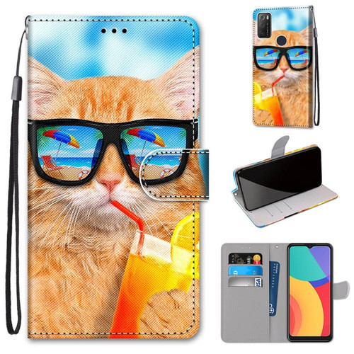 Alcatel 1S 2021 / 3L 2021 Coloured Drawing Cross Texture Horizontal Flip PU Leather Case with Holder & Card Slots & Wallet & Lanyard - Cat Drinking Soda