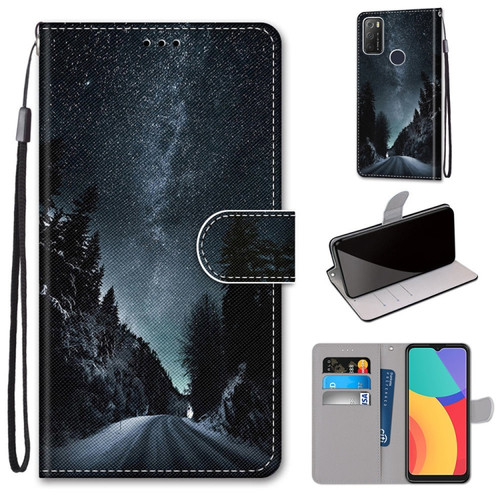 Alcatel 1S 2021 / 3L 2021 Coloured Drawing Cross Texture Horizontal Flip PU Leather Case with Holder & Card Slots & Wallet & Lanyard - Mountain Road Starry Sky