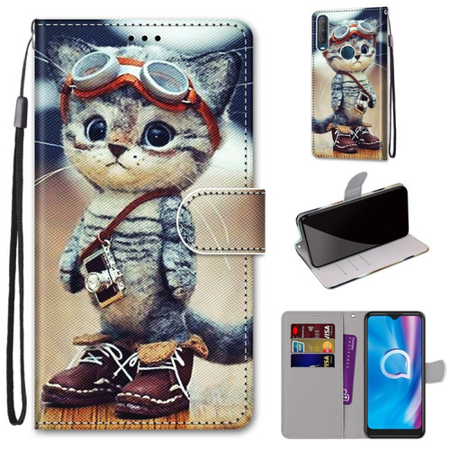 Alcatel 1S - 2020 / 3L - 2020 Coloured Drawing Cross Texture Horizontal Flip PU Leather Case with Holder & Card Slots & Wallet & Lanyard - Leather Shoes Cat