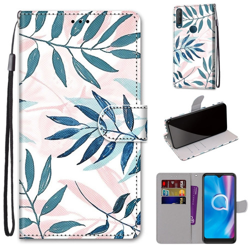 Alcatel 1S - 2020 / 3L - 2020 Coloured Drawing Cross Texture Horizontal Flip PU Leather Case with Holder & Card Slots & Wallet & Lanyard - Pink Green Leaf