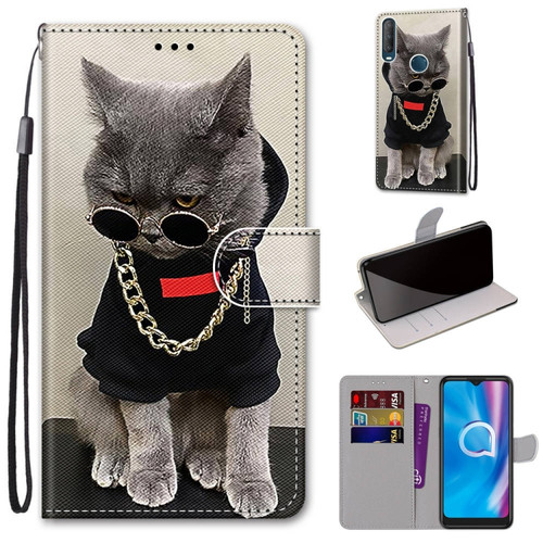 Alcatel 1S - 2020 / 3L - 2020 Coloured Drawing Cross Texture Horizontal Flip PU Leather Case with Holder & Card Slots & Wallet & Lanyard - Golden Chain Grey Cat