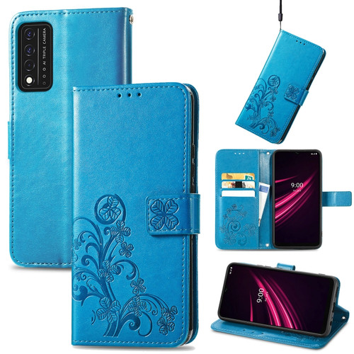 T-Mobile REVVL V+ 5G Four-leaf Clasp Embossed Buckle Mobile Phone Protection Leather Case with Lanyard & Card Slot & Wallet & Bracket Function - Blue