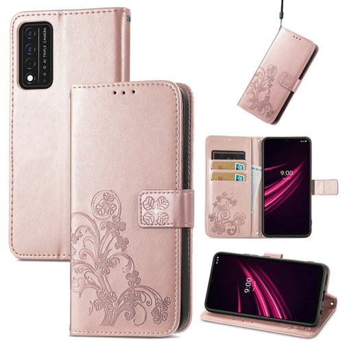 T-Mobile REVVL V+ 5G Four-leaf Clasp Embossed Buckle Mobile Phone Protection Leather Case with Lanyard & Card Slot & Wallet & Bracket Function - Rose Gold