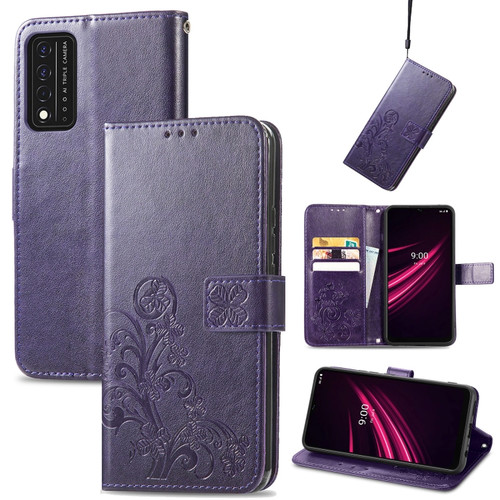 T-Mobile REVVL V+ 5G Four-leaf Clasp Embossed Buckle Mobile Phone Protection Leather Case with Lanyard & Card Slot & Wallet & Bracket Function - Purple