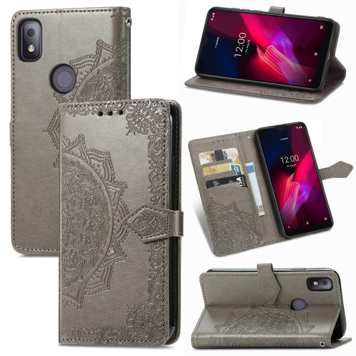 T-Mobile Revvl 4 Mandala Flower Embossed Horizontal Flip Leather Case with Holder & Three Card Slots & Wallet & Lanyard - Grey