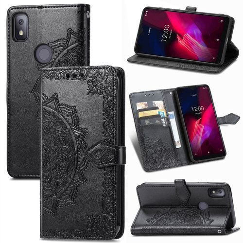 T-Mobile Revvl 4 Mandala Flower Embossed Horizontal Flip Leather Case with Holder & Three Card Slots & Wallet & Lanyard - Black