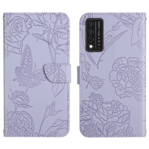 T-Mobile Revvl V+ 5G Skin Feel Butterfly Peony Embossed Leather Phone Case - Purple