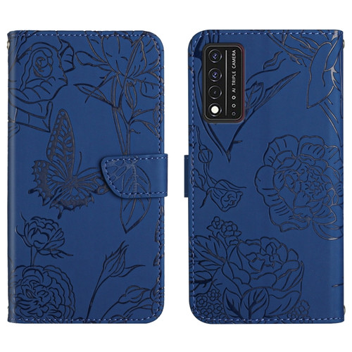 T-Mobile Revvl V+ 5G Skin Feel Butterfly Peony Embossed Leather Phone Case - Blue