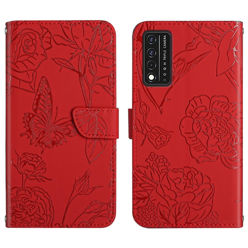 T-Mobile Revvl V+ 5G Skin Feel Butterfly Peony Embossed Leather Phone Case - Red