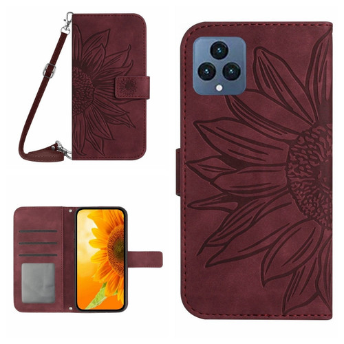 T-Mobile Revvl 6 5G Skin Feel Sun Flower Pattern Flip Leather Phone Case with Lanyard - Wine Red