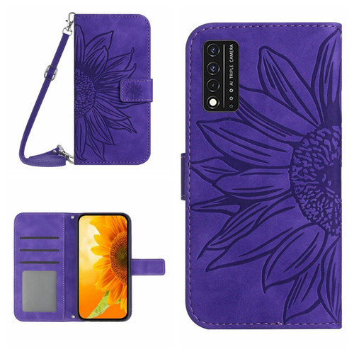 T-Mobile Revvl V+ 5G Skin Feel Sun Flower Pattern Flip Leather Phone Case with Lanyard - Dark Purple