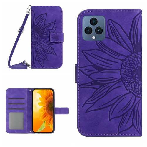 T-Mobile Revvl 6 5G Skin Feel Sun Flower Pattern Flip Leather Phone Case with Lanyard - Dark Purple
