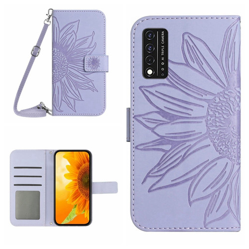 T-Mobile Revvl V+ 5G Skin Feel Sun Flower Pattern Flip Leather Phone Case with Lanyard - Purple