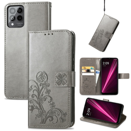 T-Mobile Revvl 6 Pro 5G Four-leaf Clasp Embossed Buckle Leather Phone Case - Gray
