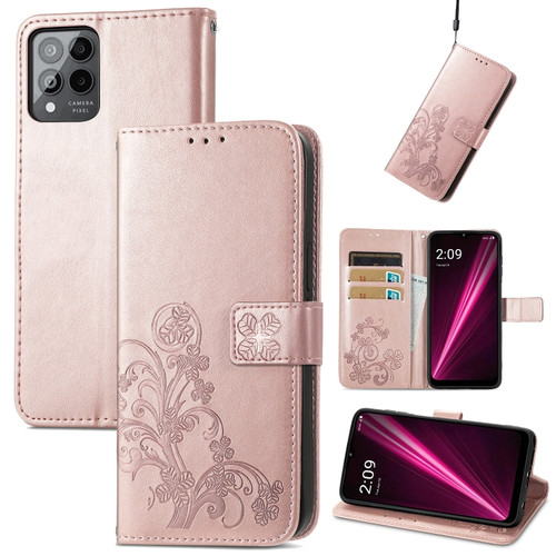 T-Mobile Revvl 6 Pro 5G Four-leaf Clasp Embossed Buckle Leather Phone Case - Rose Gold