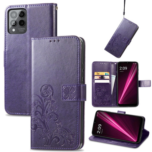 T-Mobile Revvl 6 Pro 5G Four-leaf Clasp Embossed Buckle Leather Phone Case - Purple