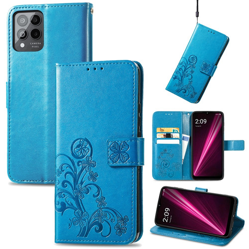 T-Mobile Revvl 6 Pro 5G Four-leaf Clasp Embossed Buckle Leather Phone Case - Blue