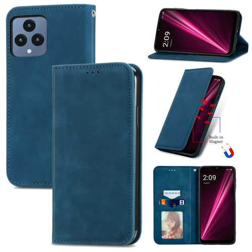 T-Mobile Revvl 6 5G Retro Skin Feel Magnetic Leather Phone Case - Blue
