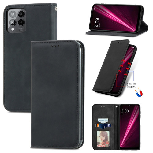 T-Mobile Revvl 6 Pro 5G Retro Skin Feel Magnetic Leather Phone Case - Black