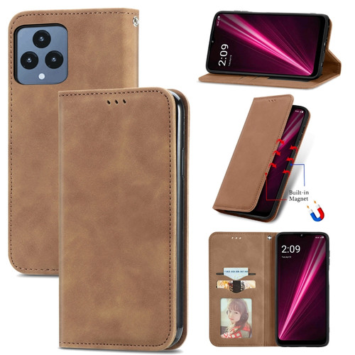 T-Mobile Revvl 6 5G Retro Skin Feel Magnetic Leather Phone Case - Brown